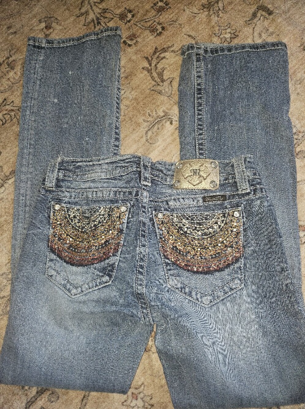 Miss Me Blue Skinny Jeans with Multicolor Sequin Pocket Arches